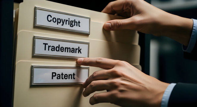 Hands sorting through file folders labeled Copyright Trademark and Patent in office