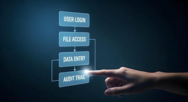 Finger touches Audit Trail button in a digital flowchart for user login and data entry