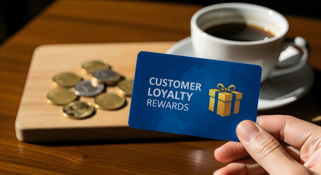 Hand holding customer loyalty rewards card with gift near coffee and coins on wooden table