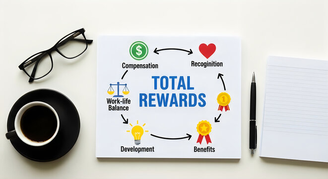 Total rewards concept diagram with compensation work life balance development benefits recognition