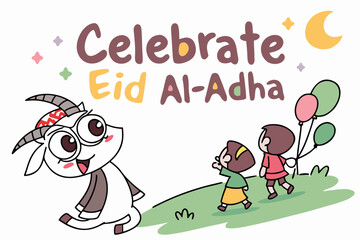Fototapeta premium A colorful illustration of children celebrating Eid Al-Adha with a cartoon goat and balloons