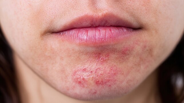 High-Resolution Medical Illustration of Herpes Simplex Virus Infection Showing Cold Sore Outbreak, Viral Skin Disease, Dermatology Healthcare Concept and Microscopic HSV Particles