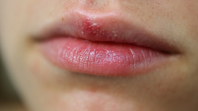 High-Resolution Medical Illustration of Herpes Simplex Virus Infection Showing Cold Sore Outbreak, Viral Skin Disease, Dermatology Healthcare Concept and Microscopic HSV Particles