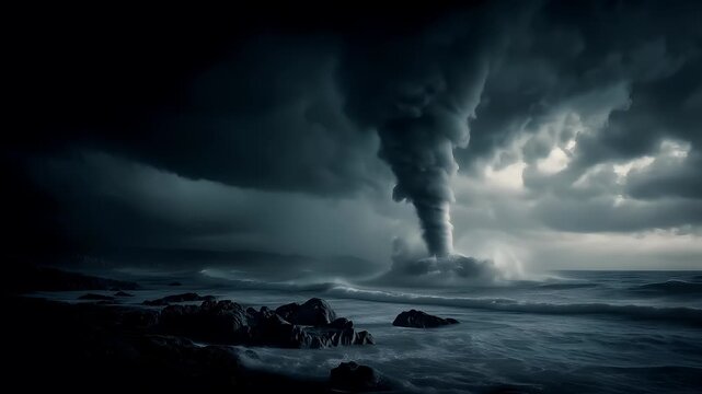 Tornado, twister, weather, natural disaster. A dramatic portrayal of a stormy sea scene. The main subject is a large, swirling cloud formation, resembling a tornado or a tornado.