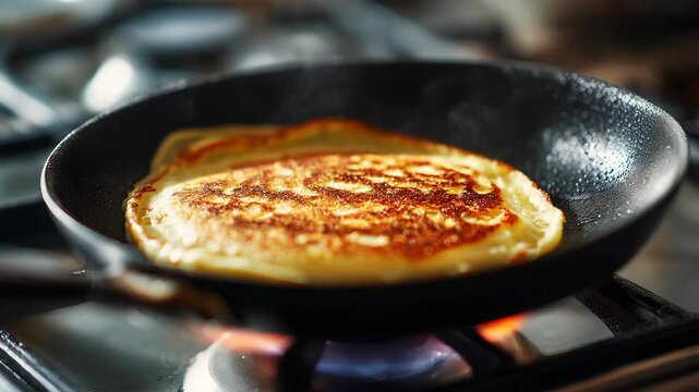 Pancake frying in a skillet on gas stove