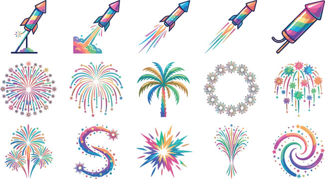 Colorful fireworks and rocket festival vector collection, celebration explosion elements for party decoration designs