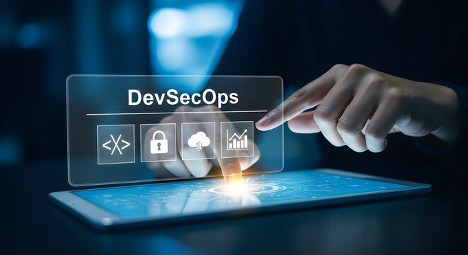 Hand touching Dev Sec Ops interface with code lock cloud and graph on tablet