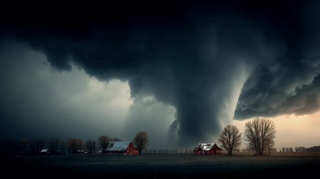 Tornado, twister, weather, natural disaster. A dramatic landscape photograph captures a stormy scene. A large, dark, swirling cloud forms the sky, casting a dramatic shadow across the scene.