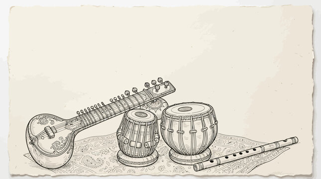 Detailed line art illustration of traditional Indian musical instruments.