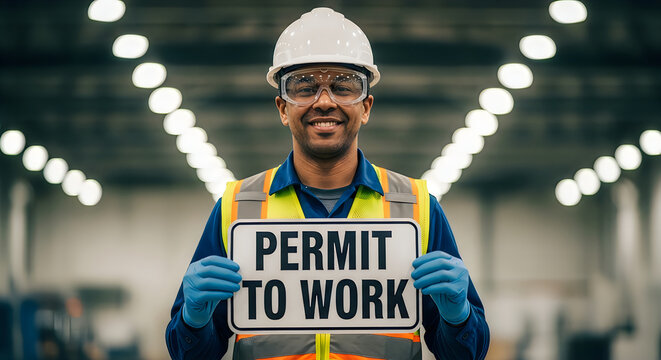 Smiling worker in hard hat and safety vest holding a Permit to Work sign