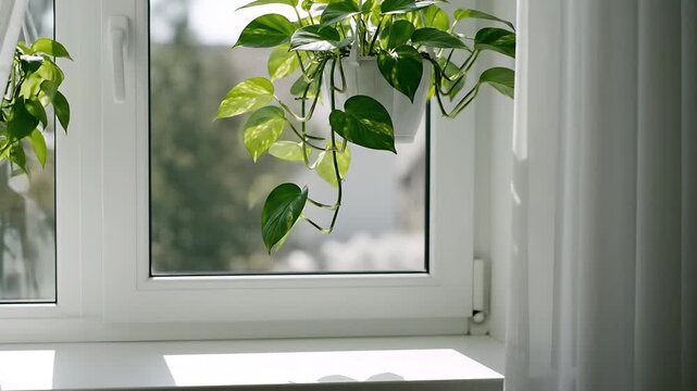 Person Opening White Curtains To Sunlight With Hanging Pothos Plant. 4K Video