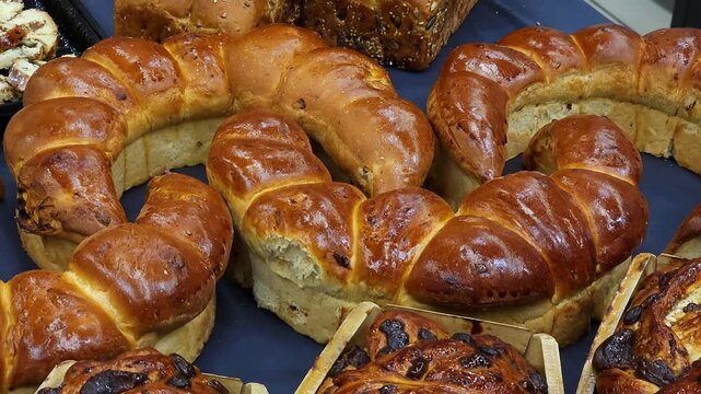 Close-up view of assorted fresh bakery products displayed on supermarket shelves in the bakery section. Variety of golden baked breads, sweet buns, pastries and rolls with powdered sugar
