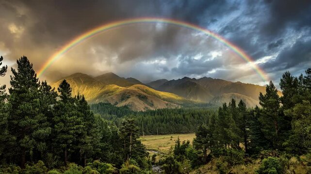 Rainbow over mountains and pine forest