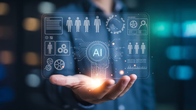 Artificial intelligence technology concept with digital brain and data analytics interface on human hand