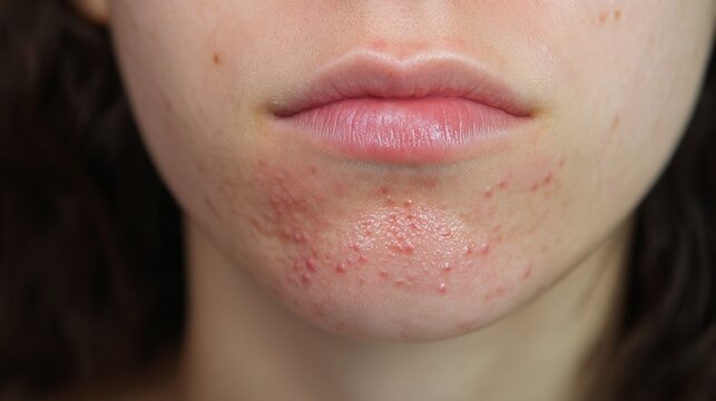 High-Resolution Medical Illustration of Herpes Simplex Virus Infection Showing Cold Sore Outbreak, Viral Skin Disease, Dermatology Healthcare Concept and Microscopic HSV Particles