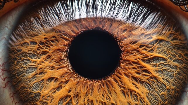 Iris color intensity ultra closeup brown human eye displaying rich amber golden depth intricate pattern structures sharp pupil edge definition