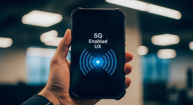 Person holding a smartphone displaying a 5G enabled UX with radiating signal waves, showcasing mobile technology