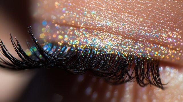 Lash tip texture artistic closeup eyelash strands with tiny water droplets prismatic light reflections dramatic shadows depth of field