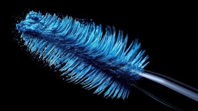 Lash curl intensity professional macro blue mascara wand application texture detail dramatic studio lighting cosmetic product photography