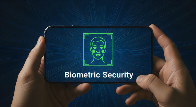 Person holding a smartphone displaying biometric facial recognition security interface