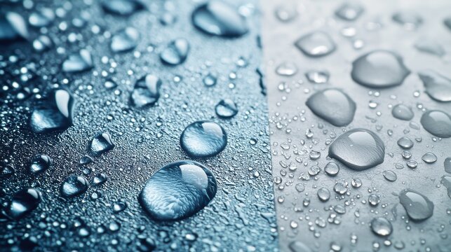 Water repulsion surface test spherical water beads on different material surfaces showcasing hydrophobic properties macro detail photography