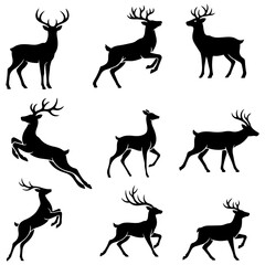 Fototapeta premium Black silhouette illustrations of nine different deer in various poses isolated on a white background creating a compelling visual representation of wildlife animal movement and grace