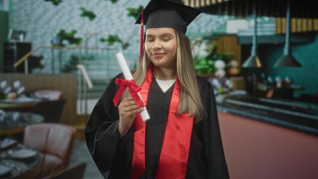 Young woman holds diploma roll tied with red ribbon, wears mortarboard cap and red stole while posing in restaurant dining area; pride celebration achievement.