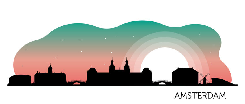 Silhouette city skyline with colorful sunset background design