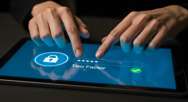 Close up of hands entering password on tablet for two factor authentication security