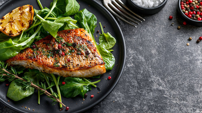 Roasted snapper, sea red perch fillet on a plate