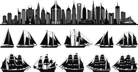 Black Silhouette Set of Modern City Skyline and Vintage Sailing Ships © MdAbdus
