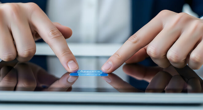 Close up of hands pressing approve and confirmed buttons on a digital tablet screen