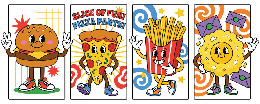 Retro fast food characters set with burger pizza fries and pancake.