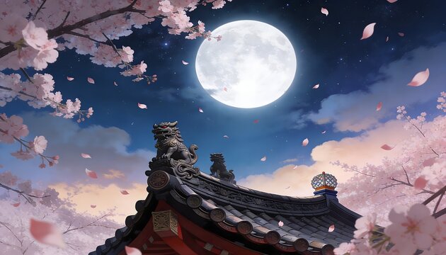 tetto di un tempio giapponese sotto la luna piena in una pioggia di petali di ciliegio in stile anime, roof of a Japanese temple under the full moon in a rain of cherry blossom petals in anime style
