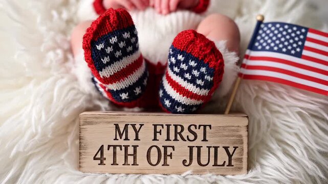 baby feet patriotic july fourth newborn holiday knitted booties red white blue tiny soft feet resting on fluffy blanket beside wooden sign celebrating first summer national independence holiday moment