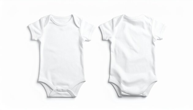 Blank white baby bodysuit mockup front and back view, isolated on white background. Clean baby onesie template for design