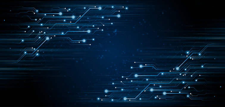 Blue glowing lines with light effect on dark background. High speed internet technology concept or fast wireless data transmission.