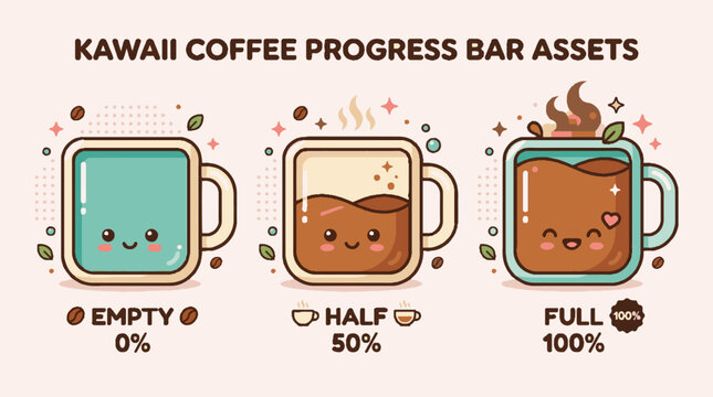 Kawaii coffee progress bar icons.