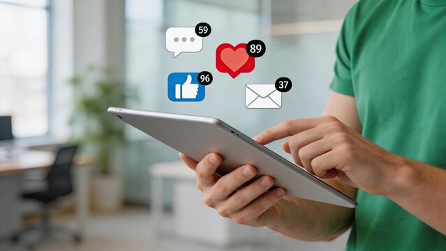 Social media engagement concept showing notification icons for likes hearts comments and messages floating above tablet screen, user interacting with app, viral content popularity