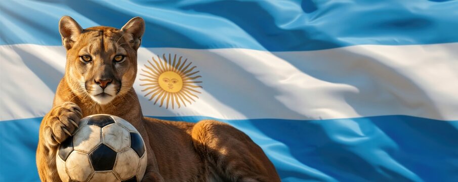 Puma mit Fu&szlig;ball in den Pranken, vor argentinischer Flagge liegend