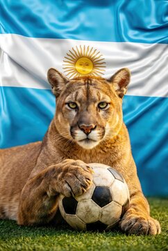Puma vor argentinischer Flagge mit einer Pranke auf einem Fu&szlig;ball liegend