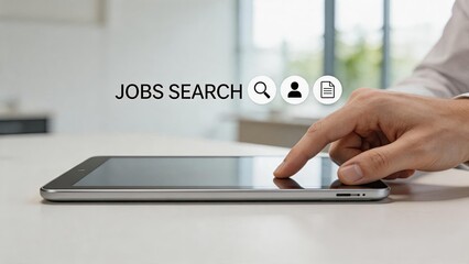 Fototapeta premium Jobs search and recruitment process concept, hand finger touching tablet screen, digital hiring platform, online career opportunities, employment application, human resources