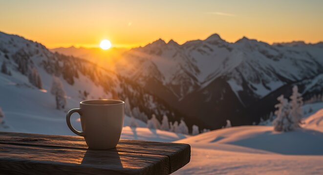 A warm drink overlooking a stunning snow covered mountain range at sunset