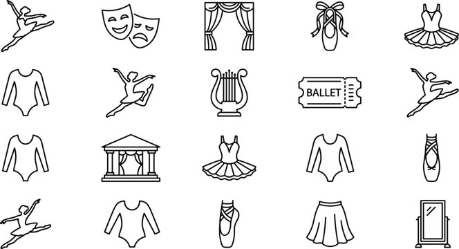 Ballet and Theater Performance Line Icon Set Featuring Dancers Tutu Leotard Pointe Shoes Theater Stage and Musical Instruments Vector Illustration