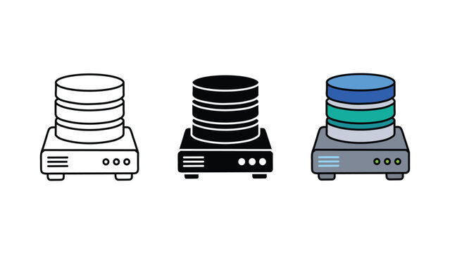 Database server and data storage icon set outline solid and color vector illustration