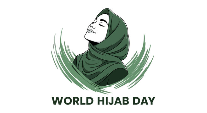 World Hijab Day illustration with a peaceful woman wearing a green headscarf.