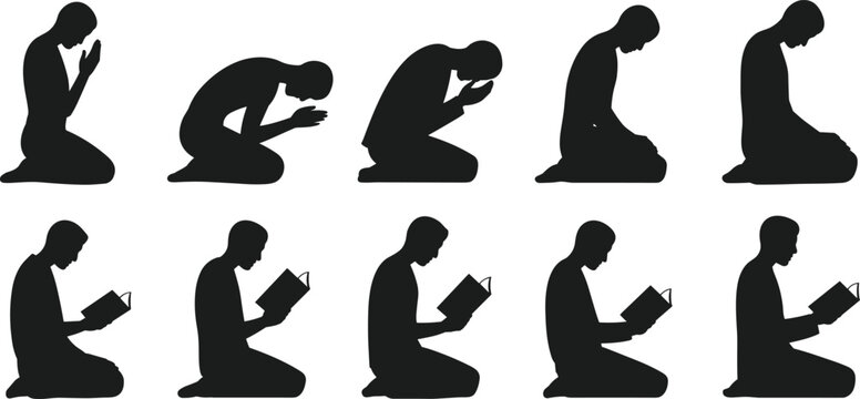 Muslim prayer and reading Quran set, cad drawing flat vector illustration, pitch black solid silhouette, Islamic religious holiday celebration.