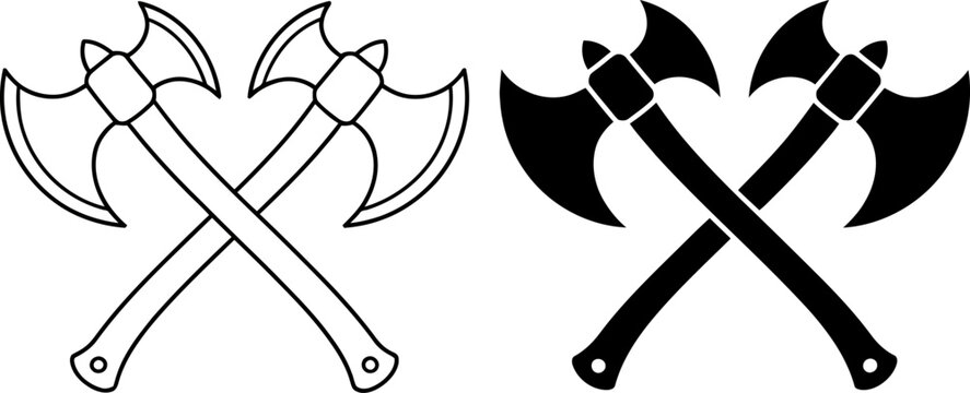 Crossed double-bitted axes, black silhouette and outline white background