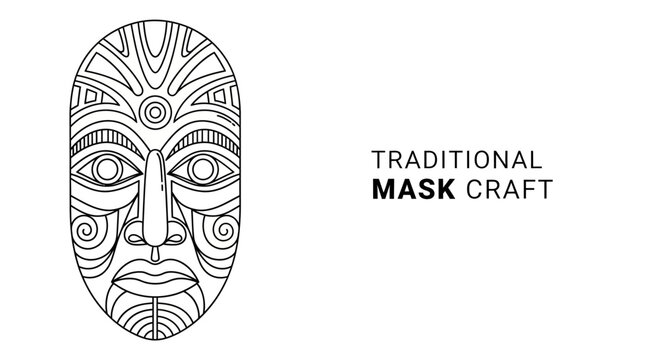 Detailed Polynesian Tribal Mask Line Art Vector Illustration.