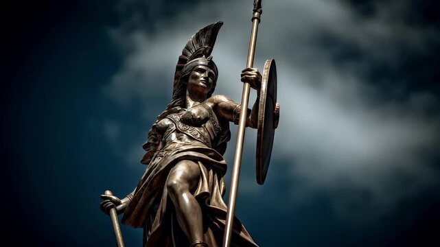 Greek mythology god Athena. Fantasy. A detailed bronze statue depicts a warrior in a dynamic pose. The warrior wears a feathered headdress and holds a spear in one hand and a shield in the other.
